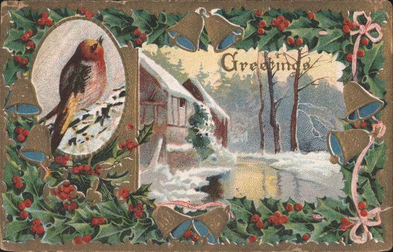 Greetings Christmas Winter Scene: Bird, Snowy Cabin, Holly, Bells