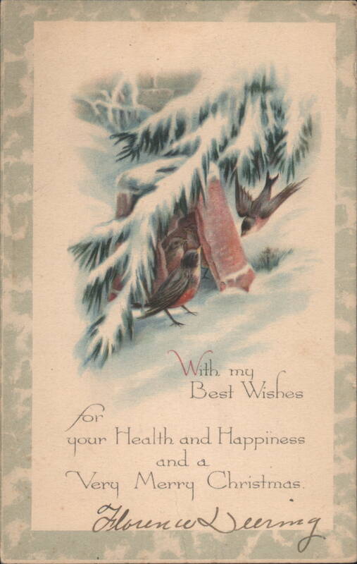 Merry Christmas Greeting with Snow-Covered Evergreen and Robins