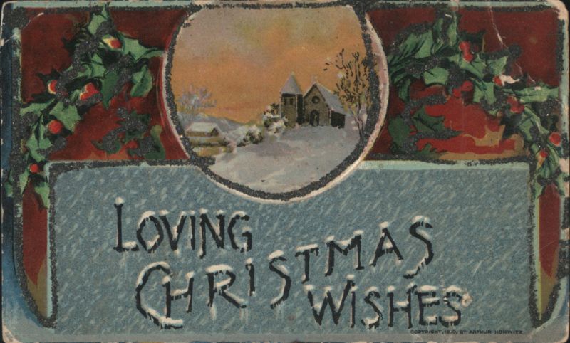 Loving Christmas Wishes, Snowy Church Scene with Holly