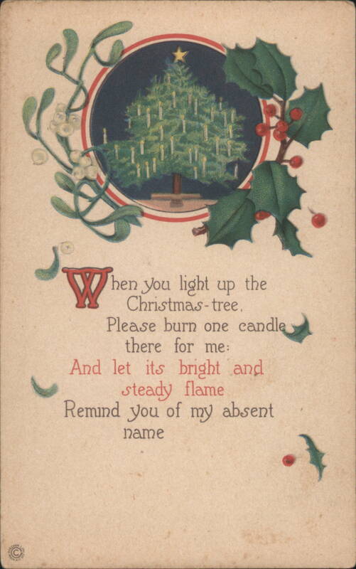 Christmas Tree with Candles, Holly, Mistletoe, and Poem