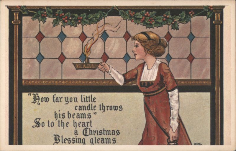 Woman with Candle and Holly Window, Christmas Blessing