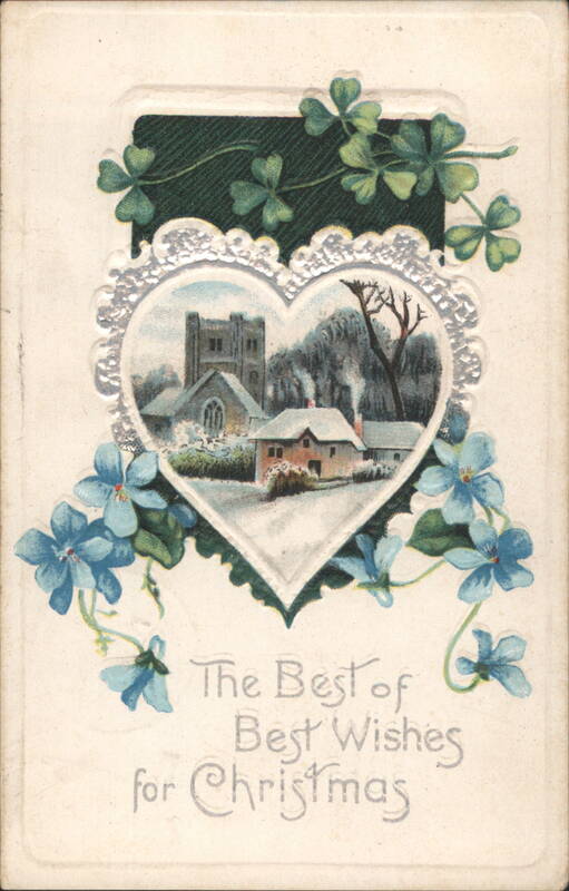 Christmas Best Wishes Winter Village Scene with Church and Shamrocks