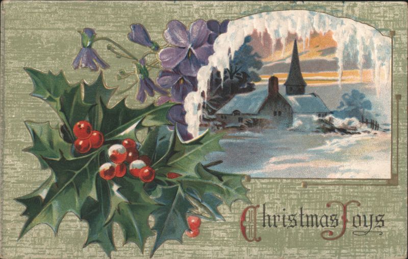 Christmas Joys with Holly, Purple Flowers, and Snowy Village Scene