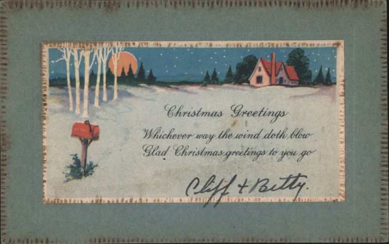 Christmas Greetings Snowy Winter Scene with Moon, House and Mailbox