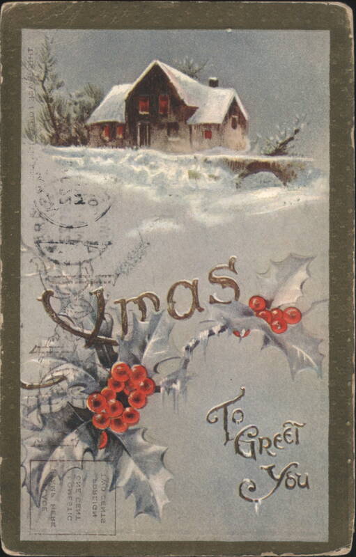 Snowy House and Holly Berries, Christmas Greeting