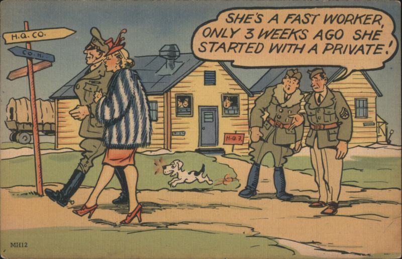 She's a Fast Worker Comic Military Scene with Soldiers and Woman