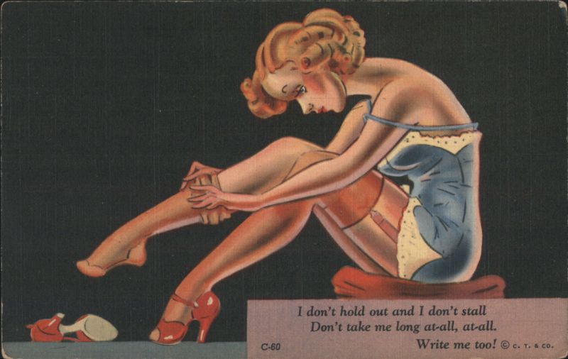 Pin-Up Girl in Lingerie Adjusting Stocking with Flirty Verse