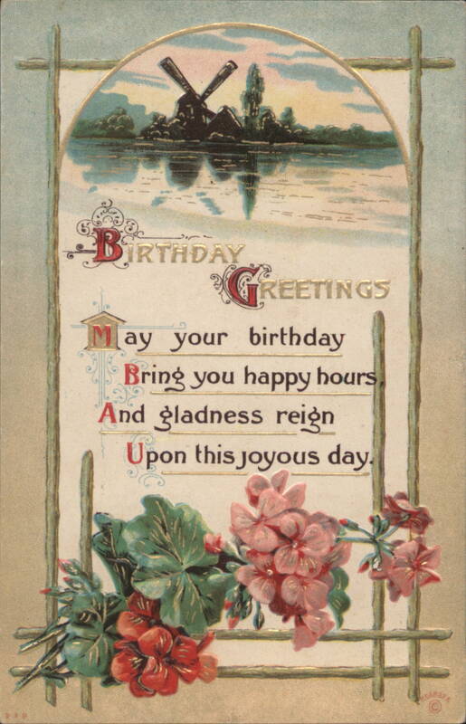 Birthday Greetings with Windmill, Flowers, and Poem