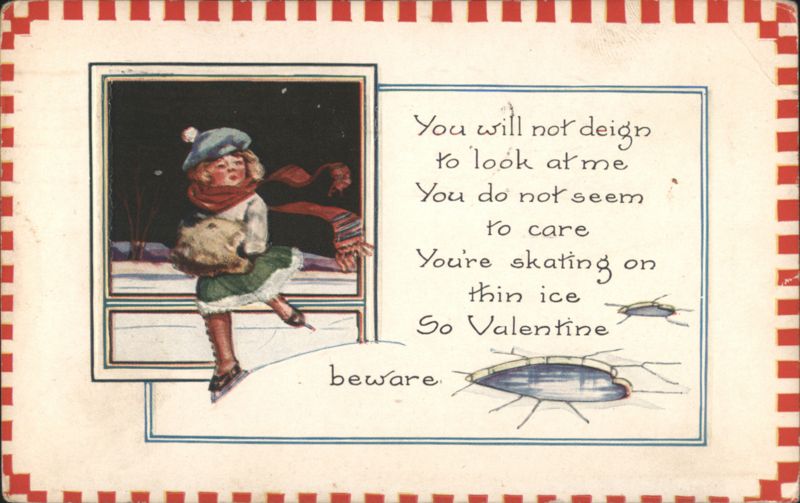 Girl Ice Skating on Thin Ice, Valentine's Day Greeting with Warning
