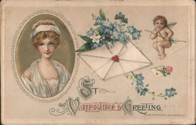 St. Valentine's Greeting with Woman, Cupid, and Forget-Me-Nots