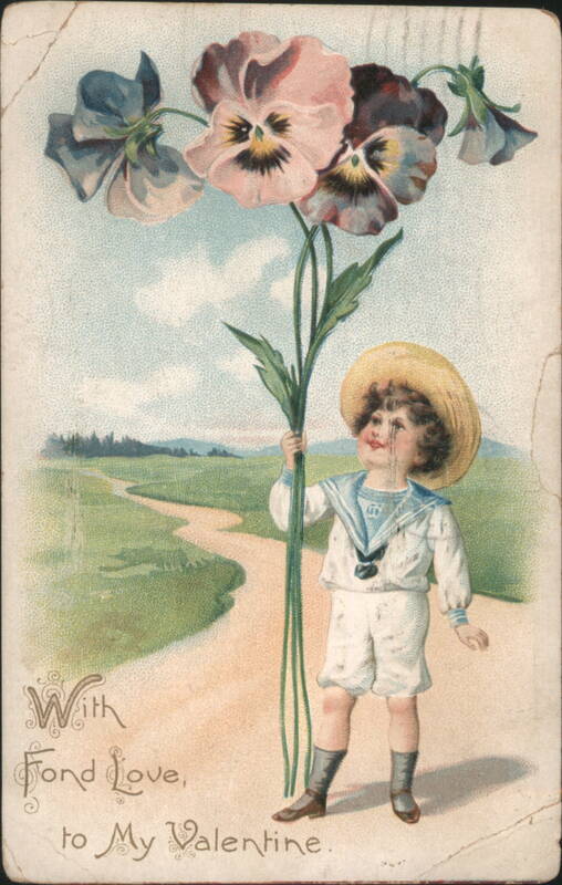 Boy in Sailor Suit Holding Pansies for Valentine Children