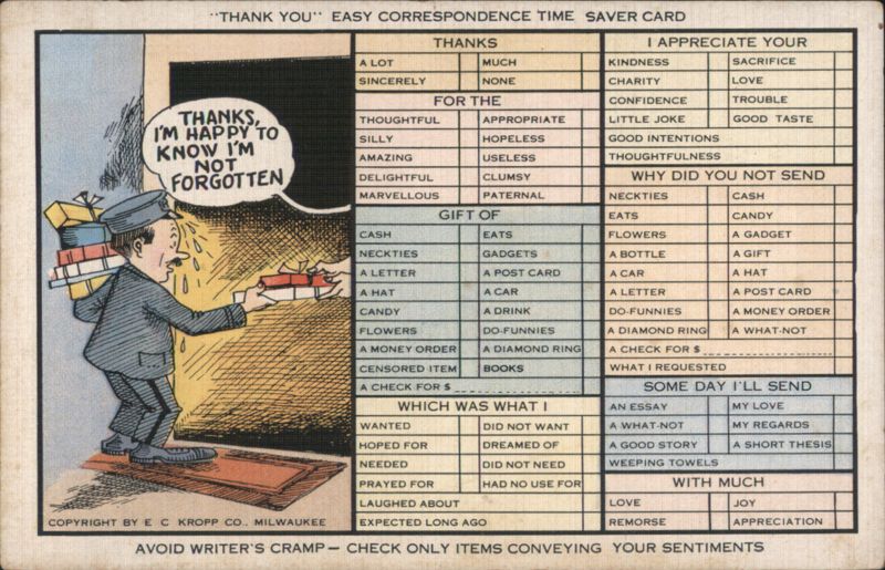 Comic Thank You Easy Correspondence Time Saver Card with Checklist