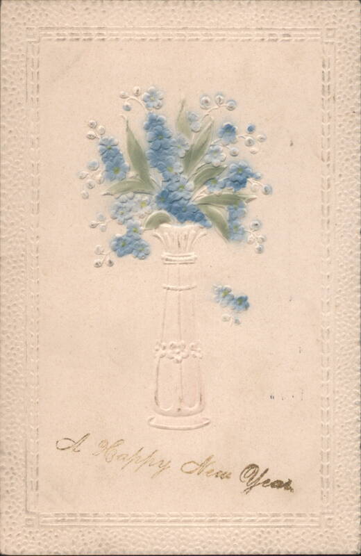 Embossed Blue Flowers in Vase, A Happy New Year Greeting