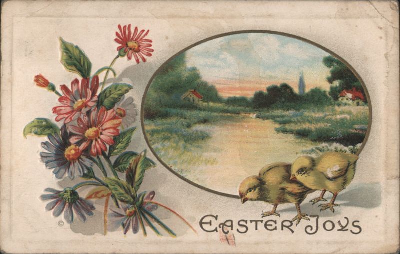 Easter Joys with Chicks, Flowers, and Spring Landscape