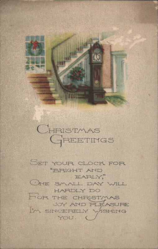 Christmas Greetings, Grandfather Clock, Staircase, and Wreath