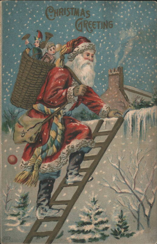 Santa Claus Climbing Ladder to Chimney with Toy Basket, Christmas Greeting
