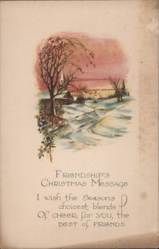 Friendship's Christmas Message Winter Scene with House and Trees