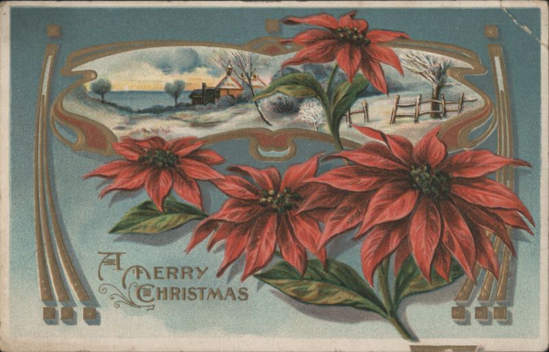 Merry Christmas Poinsettias Winter Scene