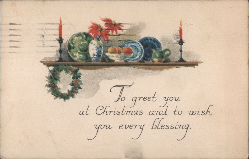 Christmas Greeting with Poinsettias and Shelf Decor