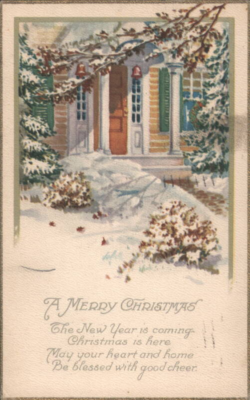 Snowy House with Green Shutters, Christmas and New Year's Greeting