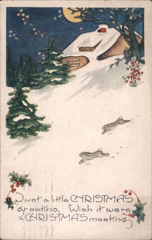 Christmas Winter Scene with Snow-Covered House, Rabbits, Moon & Stars