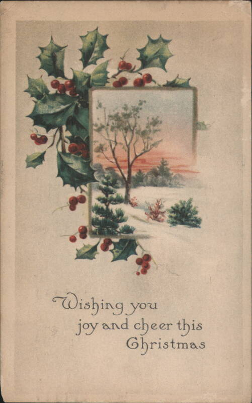 Christmas Greeting Card with Holly and Winter Scene