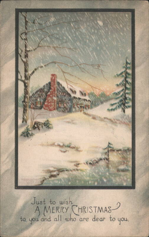 Snowy Winter Scene with Cozy House and Christmas Greeting