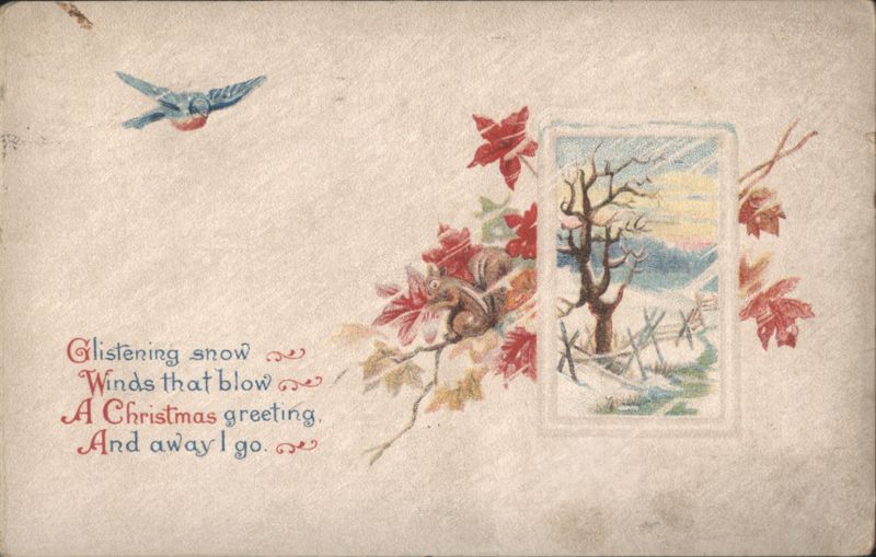 Winter Scene with Bird, Squirrels, Bare Trees, and Christmas Greeting