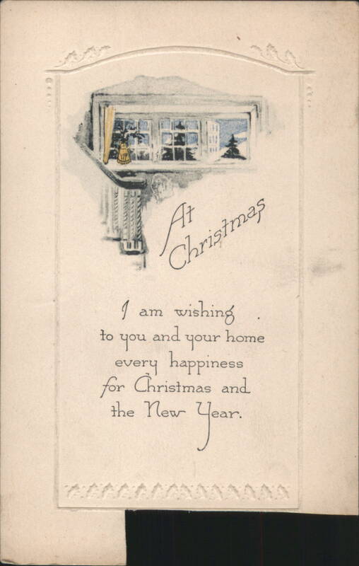 Christmas & New Year Greeting, Window Scene with Cat, Snow & Tree