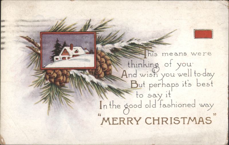 MERRY CHRISTMAS Greeting Card with Snow-Covered House & Pinecones
