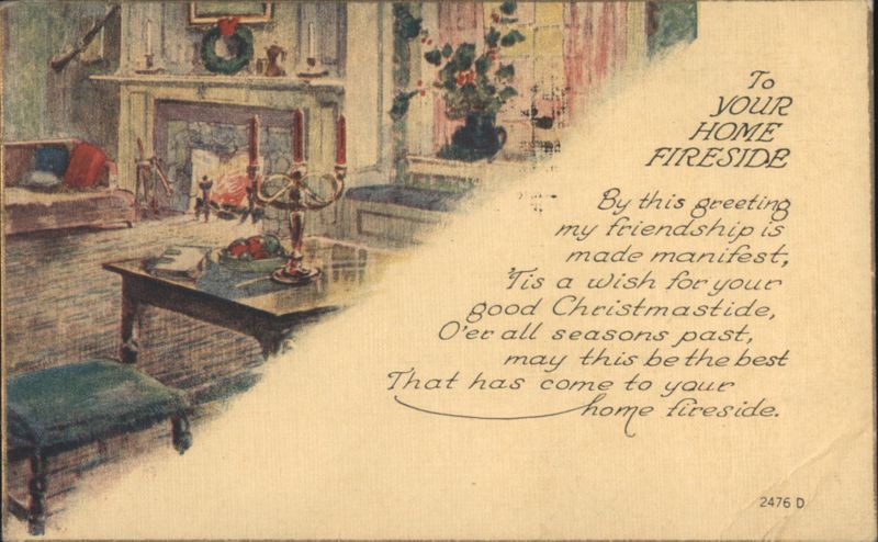 Home Fireside Christmas Greeting with Fireplace and Holly Decorations