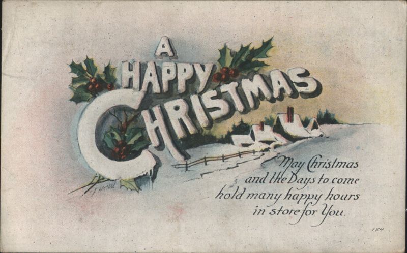 A Happy Christmas with Holly, Snowy Landscape, and Houses