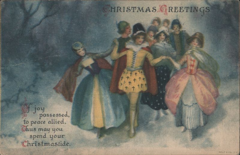 Christmas Greetings, Festive Dancers in Snow, Christmastide Poem