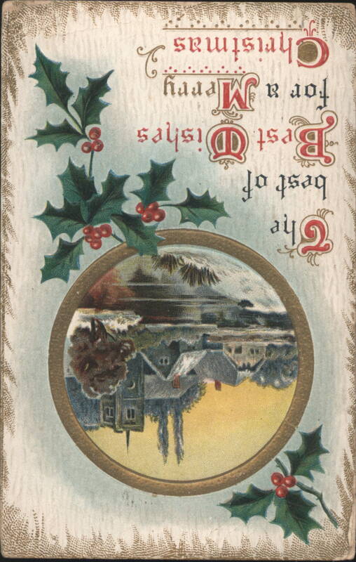 Merry Christmas Greeting with Holly and Winter Village Scene