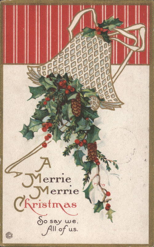 Christmas Bell with Holly & Pinecones, 'A Merrie Merrie Christmas'