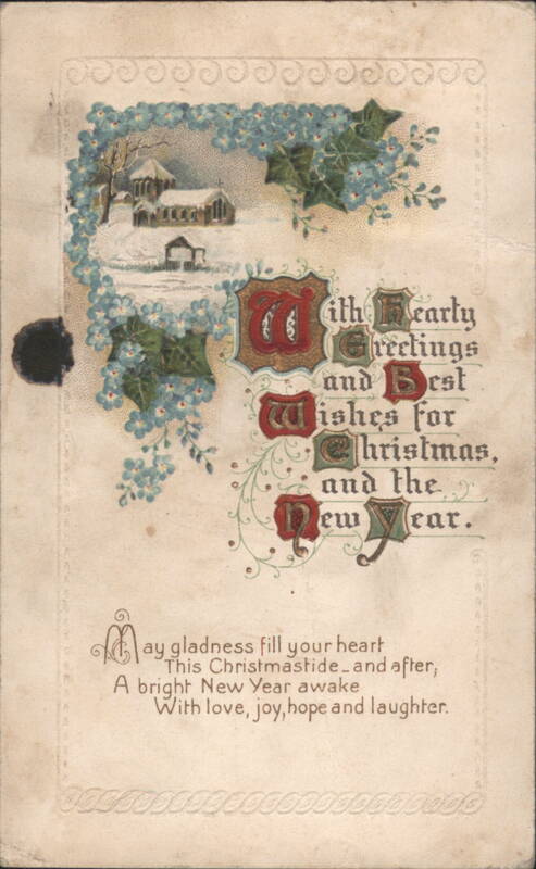 Christmas and New Year Greetings with Snowy Church and Forget-Me-Nots