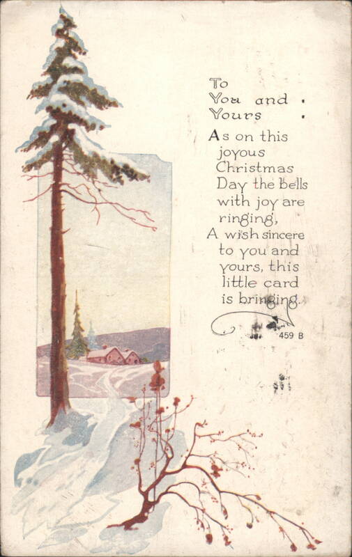 Christmas Greeting with Snowy Pine Tree and Winter Village Scene