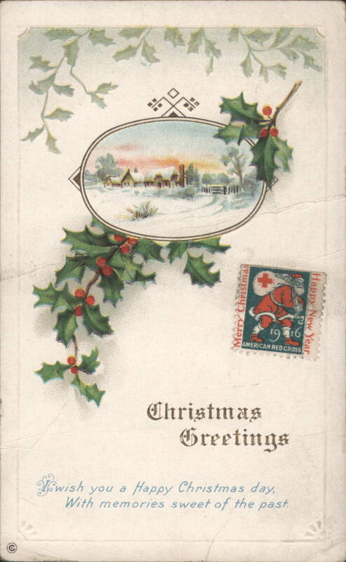 Christmas Greetings with Holly, Winter Village Scene, and Santa Claus Stamp