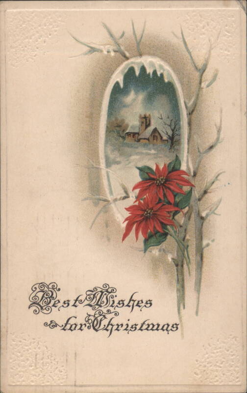 Christmas Poinsettias & Snowy Church Scene with Best Wishes Greeting