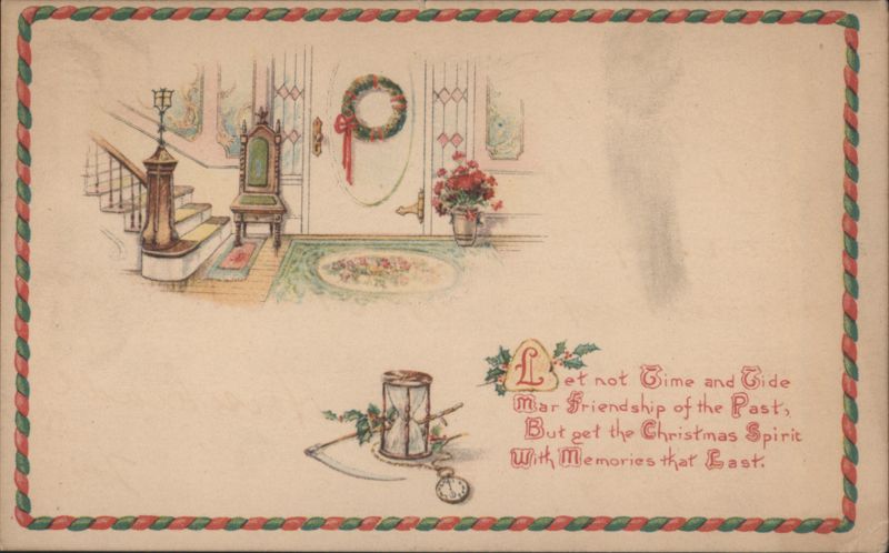 Christmas Greeting with Hourglass, Scythe, and Wreath