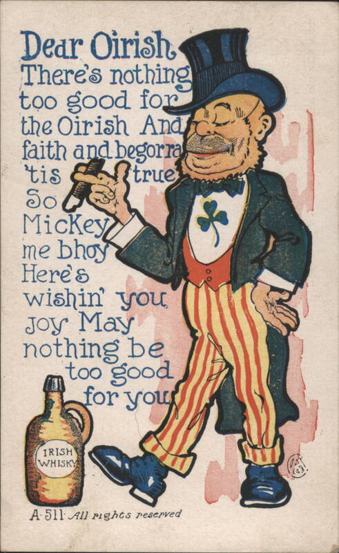 Comic Irish Man with Shamrock, Cigar, and Irish Whisky Bottle