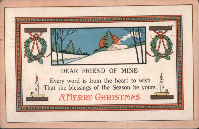 A Merry Christmas Greeting with Winter Scene, Wreaths, and Candles