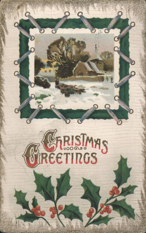 Christmas Greetings Winter Church Scene with Holly and Berries