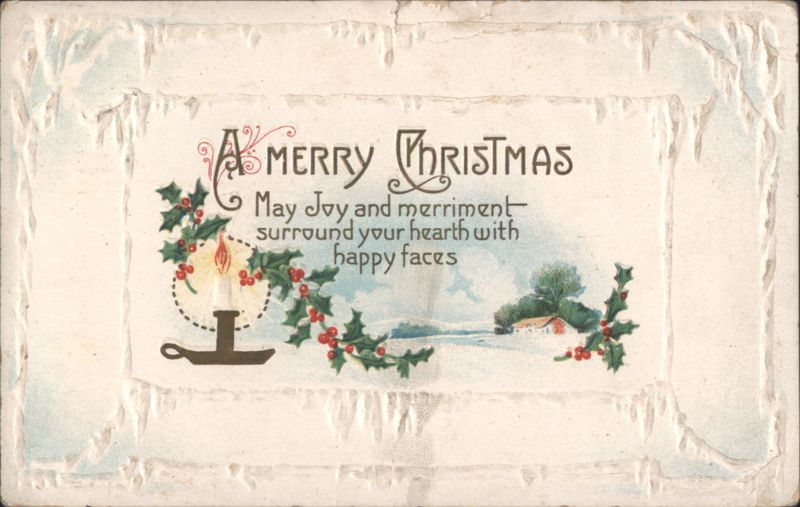 A Merry Christmas Greeting with Candle, Holly, and Snowy Landscape