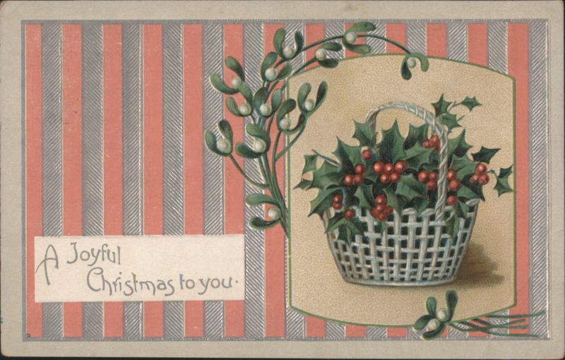 A Joyful Christmas Greeting with Holly and Mistletoe in a Basket