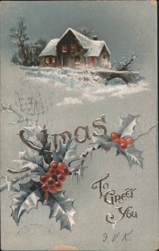 Snowy House and Bridge with Holly and 'Xmas To Greet You' Message