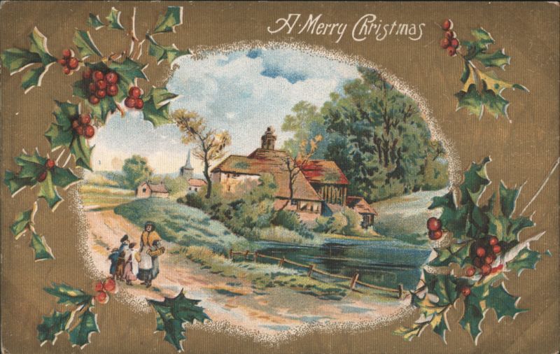 A Merry Christmas Village Landscape with Figures and Holly Border