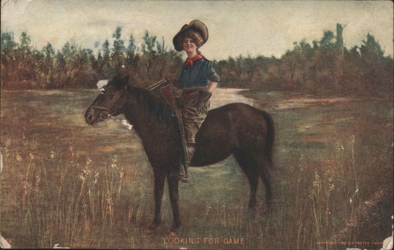 Cowgirl on Horseback with Rifle, Looking for Game, 1906