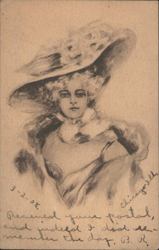 Elegant Woman in Elaborate Hat, Art Nouveau Style Drawing