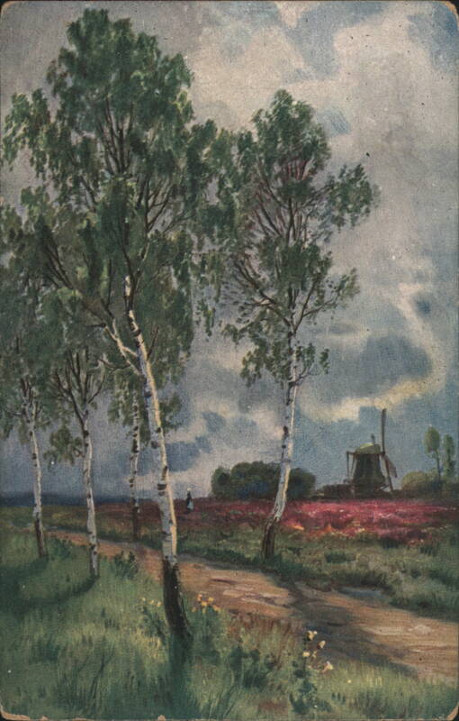 Birch Trees, Windmill, and Flower Field under Cloudy Sky